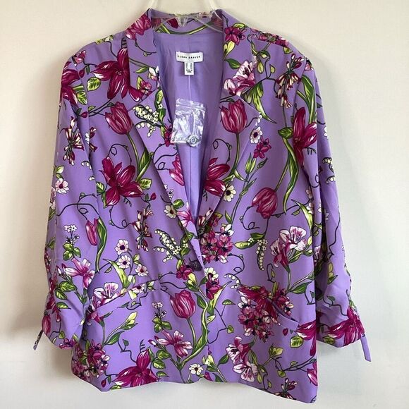 Susan Graver Lavendar Floral Peachskin Jacket 3/4 sleeve Size 16 NWOT - Picture 1 of 10